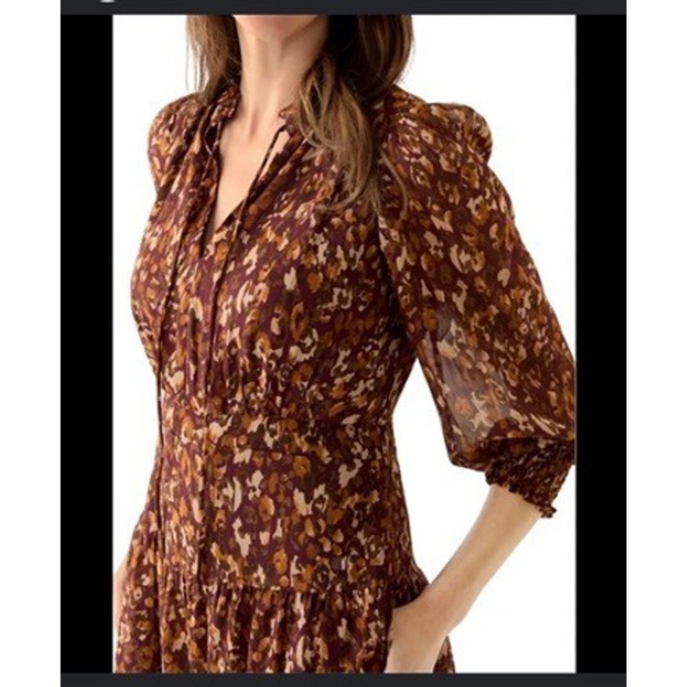 Vince Camuto Womens Abstract Print Ruffle Neck Smocked Midi Dress Plum Gold 4‎